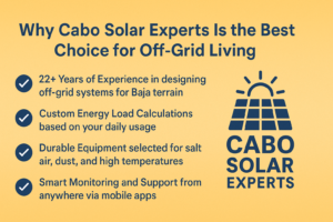 Why Cabo Solar Experts Is the Best Choice for Off-Grid Living 22+ Years of Experience in designing off-grid systems for Baja terrain Custom Energy Load Calculations based on your daily usage Durable Equipment selected for salt air, dust, and high temperatures Smart Monitoring and Support from anywhere via mobile apps