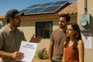 A documentary-style photo of a solar installation professional explaining solar regulations to a couple next to a solar-equipped home in Baja California Sur, with visible legal documents, a CFE meter, and official signage in the background, representing compliance and legal awareness, taken during a bright midday with clear skies, shot with a Fujifilm GFX100, 45mm f/2.8 lens, natural color palette with crisp contrast and vibrant detail