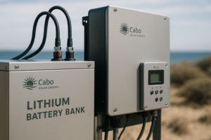 High-resolution close-up of top-tier lithium battery bank outdoors next to a sleek inverter and control panel, all branded subtly with the Cabo Solar Experts logo. Background shows blurred ocean horizon and desert brush under soft daylight. Emphasize clean lines and durable coastal hardware. 