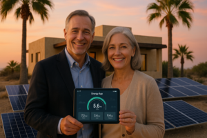 High-resolution close-up of top-tier lithium battery bank outdoors next to a sleek inverter and control panel, all branded subtly with the Cabo Solar Experts logo. Background shows blurred ocean horizon and desert brush under soft daylight. Emphasize clean lines and durable coastal hardware. 