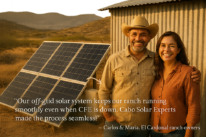 A warm, inviting portrait of a happy ranch couple in El Cardonal standing beside their off-grid solar installation. The scene shows rolling desert hills and a corrugated steel shed with neatly arranged solar panels. The couple (Carlos & Maria) are casually dressed, smiling proudly, with soft golden-hour lighting illuminating their faces and the panels. Overlay a transparent text box at the bottom with their testimonial in elegant serif font: “Our off-grid solar system keeps our ranch running smoothly even when CFE is down. Cabo Solar Experts made the process seamless!” — Carlos & Maria, El Cardonal ranch owners Ensure readability with white text and subtle drop shadows, and include a faint energy-flow arrow graphic near the panels pointing toward a lithium battery unit. 