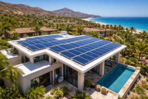 large rooftop solar panel array installed on home in Cabo San Lucas producing solar energy