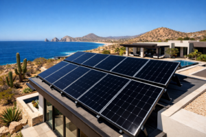 angled rooftop solar panel array optimized for sunlight in Cabo San Lucas