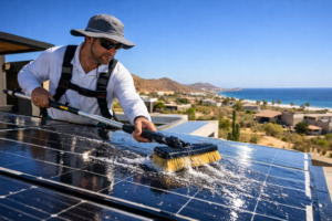 technician cleaning solar panels on rooftop in Cabo San Lucas to maintain solar efficiency