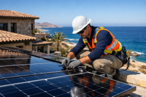 solar technician inspecting rooftop solar panels on home in Los Cabos