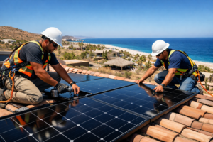 solar installation technicians installing rooftop solar panels in Cabo San Lucas Solar Panels Los Cabos