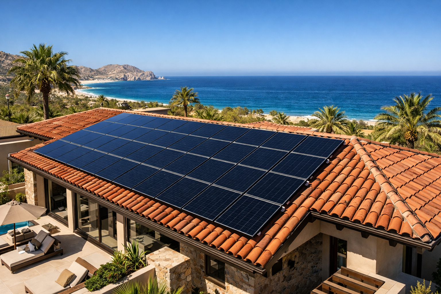 solar panels installed on luxury villa roof in Los Cabos Baja California Sur producing renewable electricity with ocean view