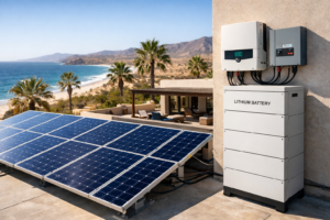 solar panels connected to battery storage system powering home in Baja California Sur