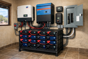 off grid solar battery bank powering ranch house in Baja California Sur