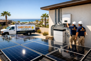 solar panels connected to battery storage system providing backup power in Cabo San Lucas
