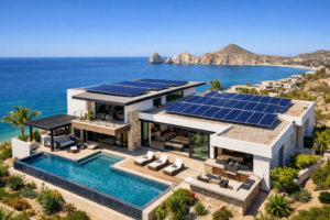 luxury home in Cabo San Lucas with solar panels on the roof and ocean view, bright Baja sunlight, modern architecture, photovoltaic solar array, professional real estate photography