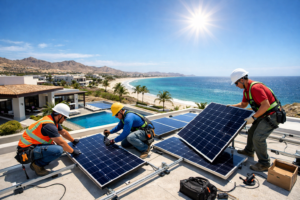 Solar panel installation on a villa rooftop in Los Cabos
