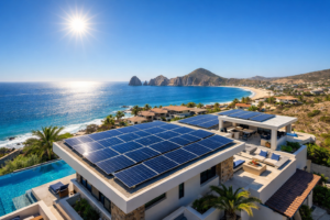 solar installation cost los cabos example showing rooftop solar panels installed on a luxury home in Cabo San Lucas Baja California Sur