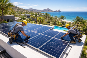 solar installation cost los cabos professional solar panel installation on a villa rooftop in Cabo San Lucas Mexico