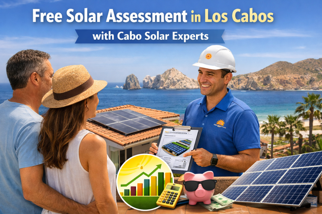 Free solar assessment in Los Cabos with Cabo Solar Experts showing a solar consultant speaking with homeowners near rooftop solar panels and ocean views