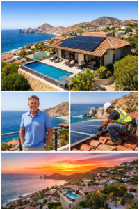 solar panels installed on luxury home in Pedregal Cabo San Lucas overlooking the Pacific Ocean residential solar energy Los Cabos Mexico