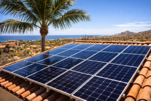 solar panels partially shaded by palm tree affecting solar energy production in Cabo San Lucas