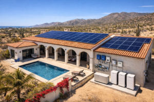 solar panels charging lithium battery storage for an off grid home in Baja California Sur