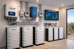 off grid solar power system equipment including inverter and battery storage in Baja California Sur