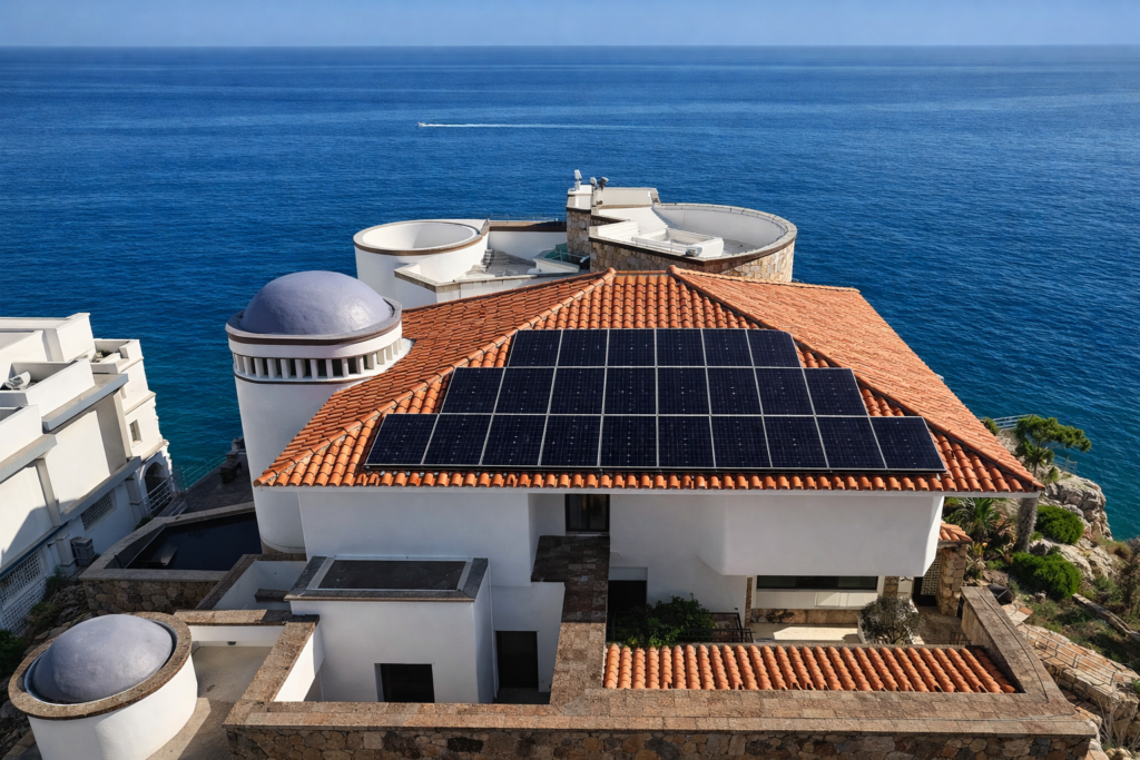 Luxury home solar installation in Los Cabos with rooftop solar panels overlooking the ocean